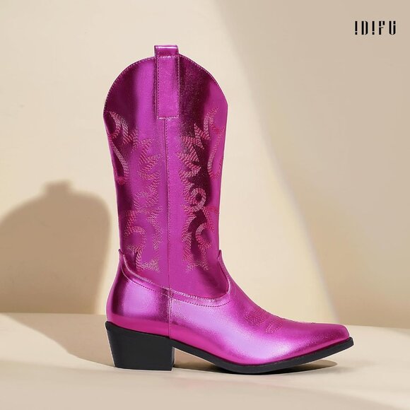 Women Hot Pink Manmade Material Mid Calf Embroidered Low Heel Pointed Toe Boots - Picture 6 of 6